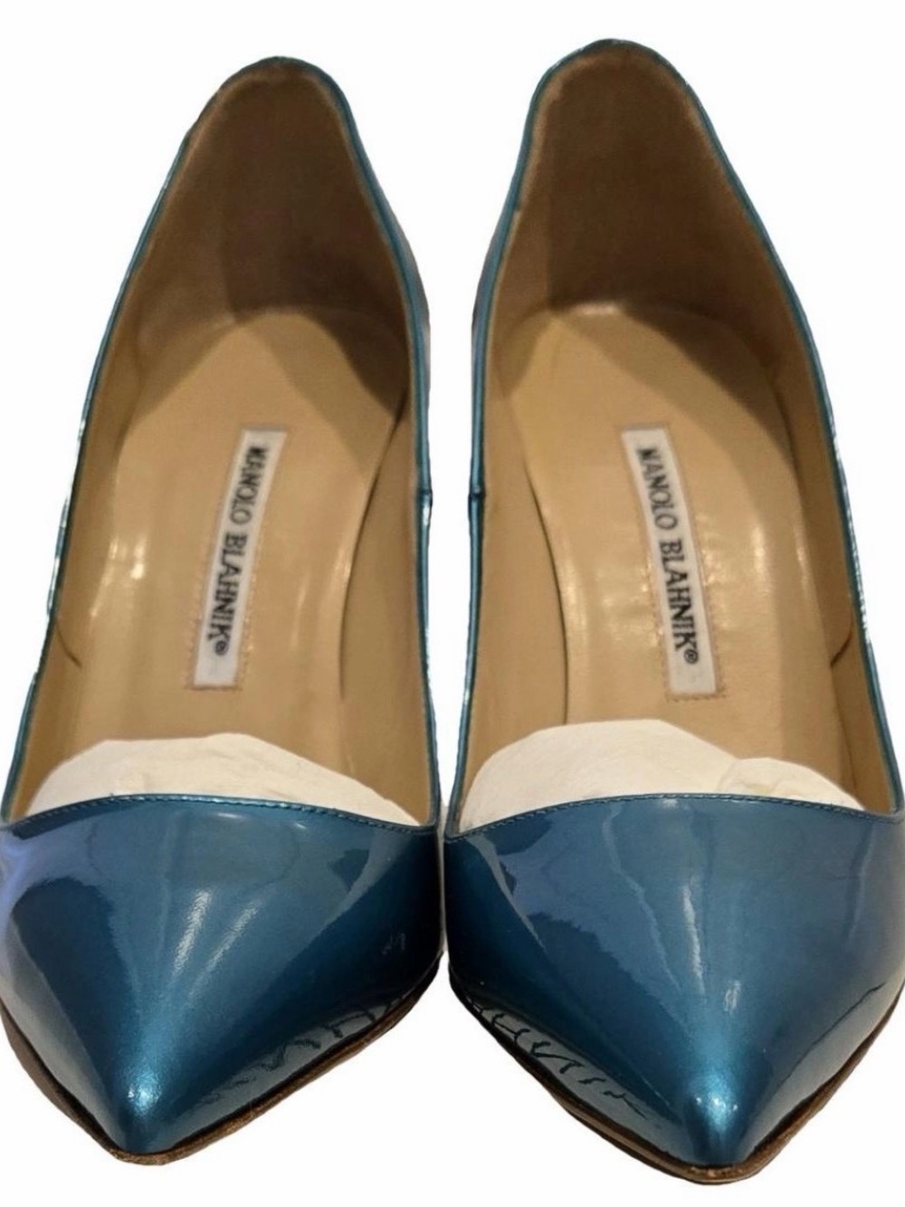 Manolo Blahnik Blue Patent Leather Pointed Toe Pumps 38 EU